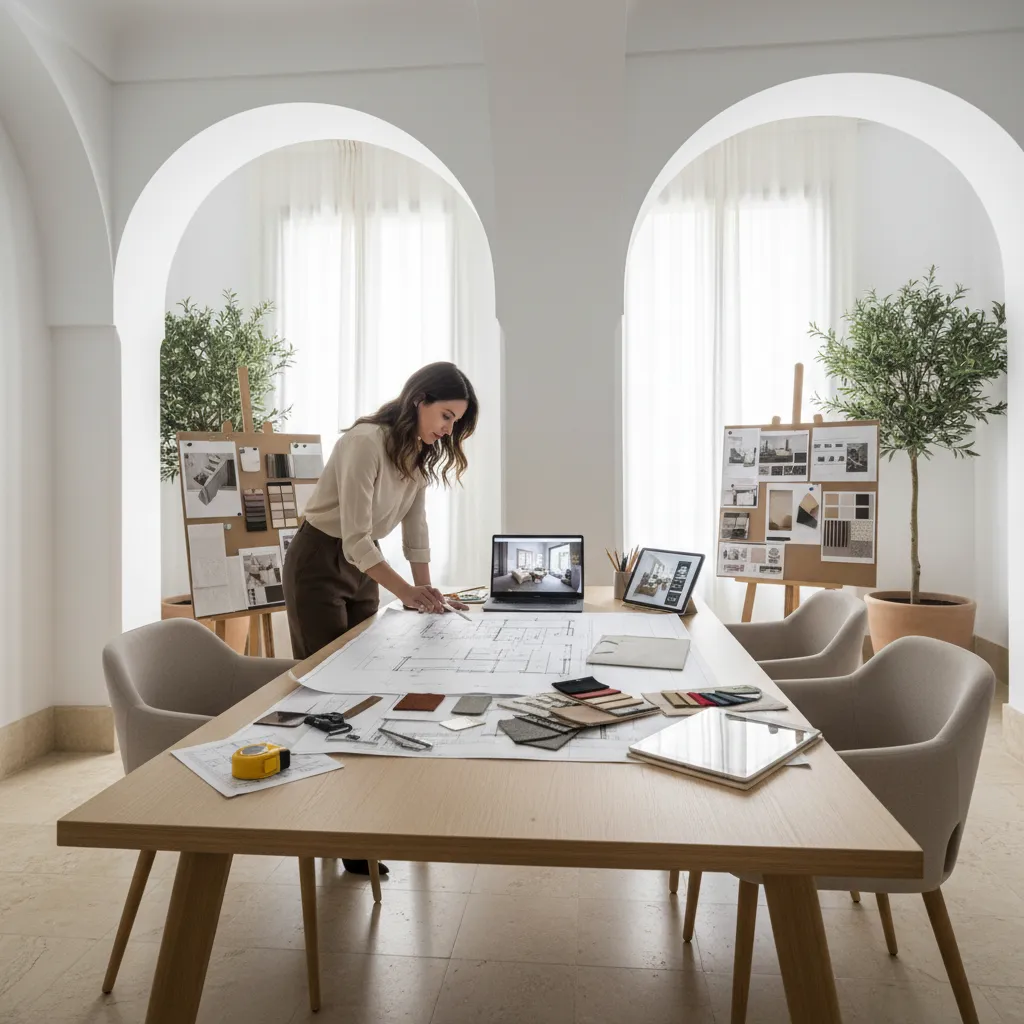 Decorador de interiores revisando planos y materiales en un apartamento