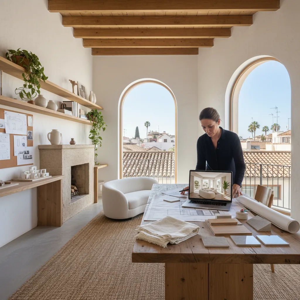 Woman standing at wooden table reviewing interior design drawing on laptop and paper floor plan