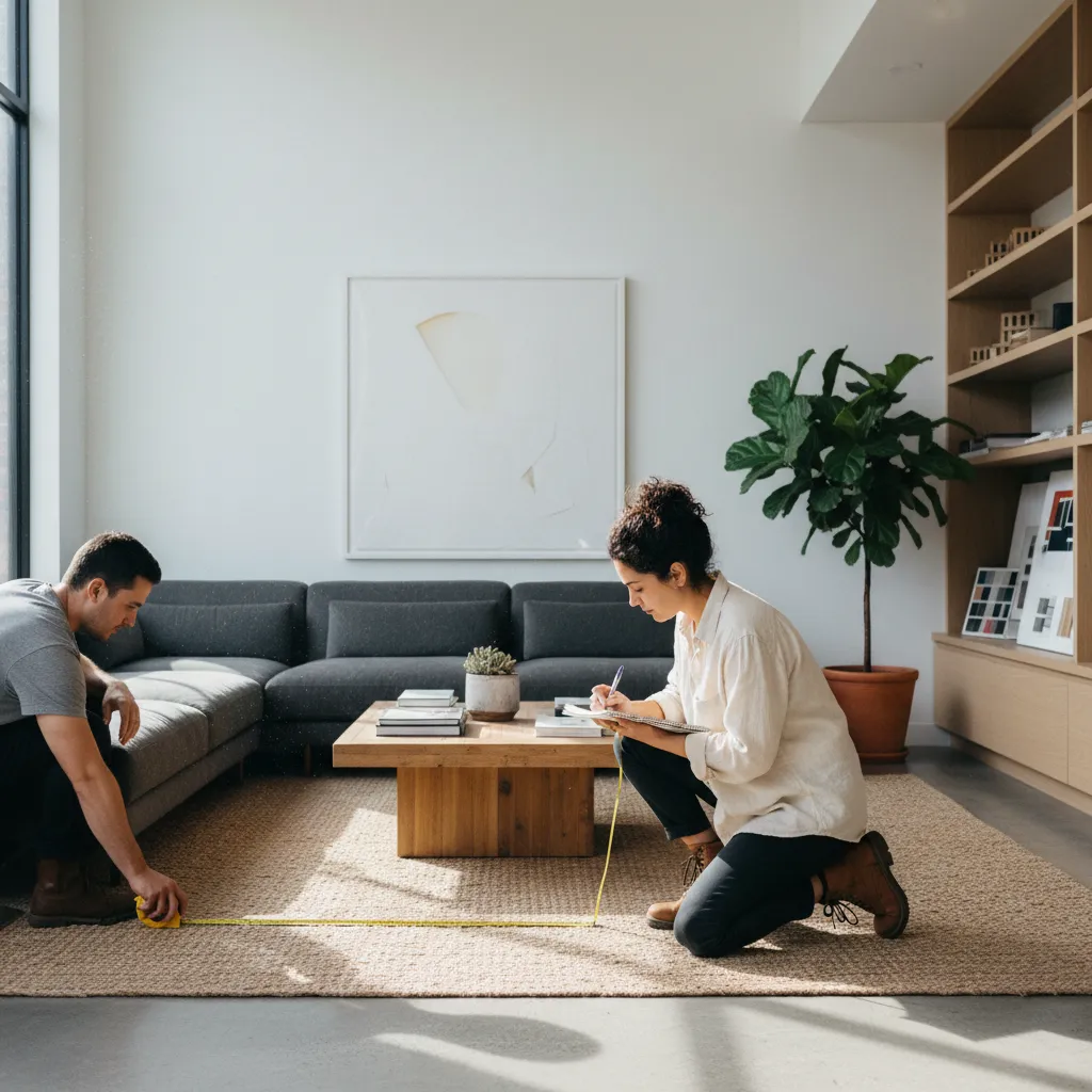 Man and woman measuring floor with yellow tape for furniture layout in modern living room