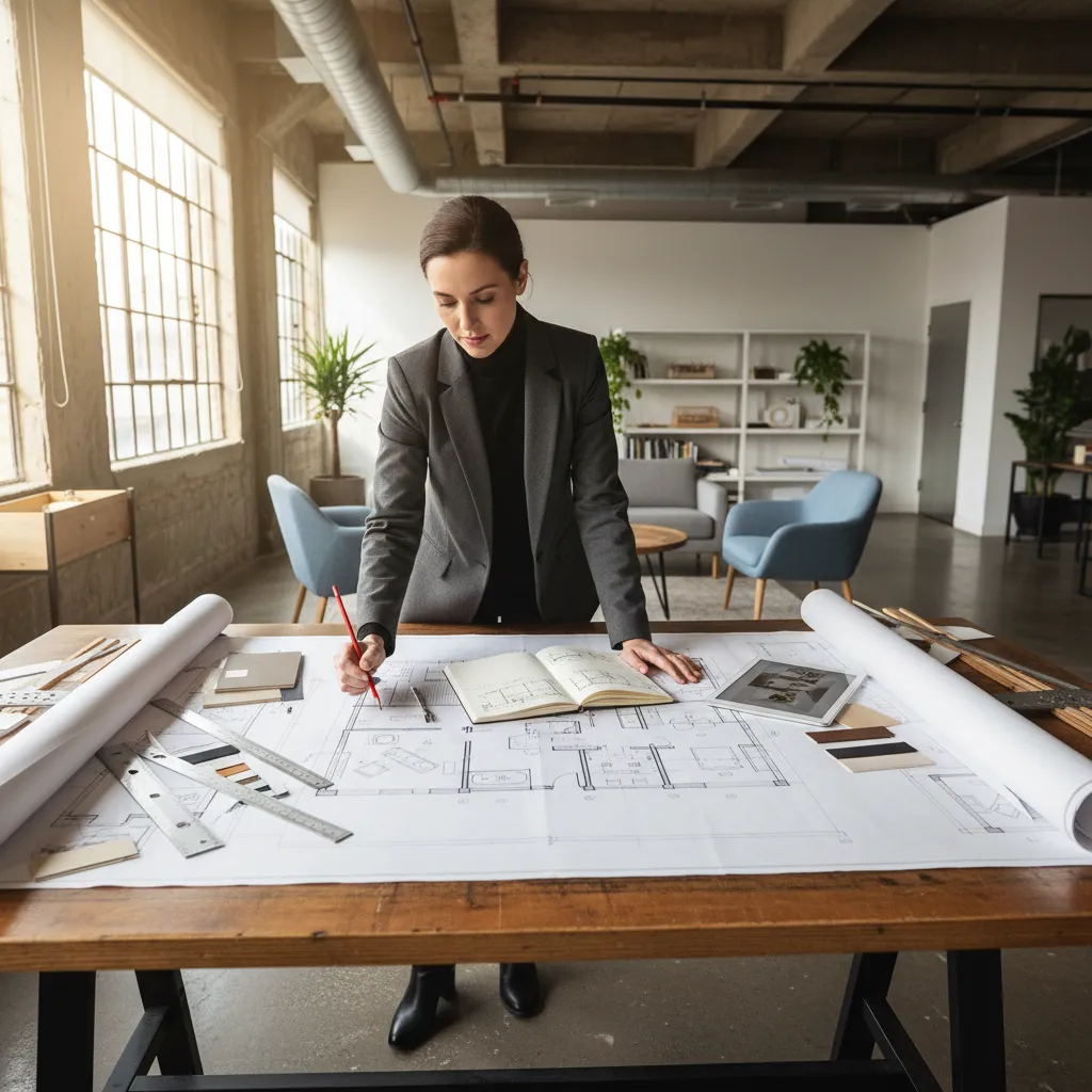 Interior designer working on a room layout with a large paper floor plan and pencil