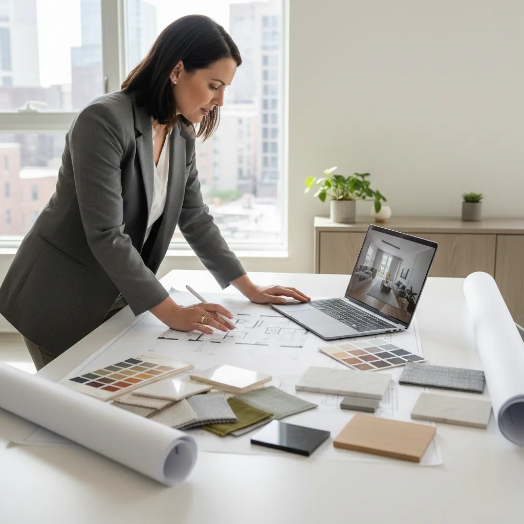 Female interior designer standing at desk with laptop showing interior design drawing and floor plans