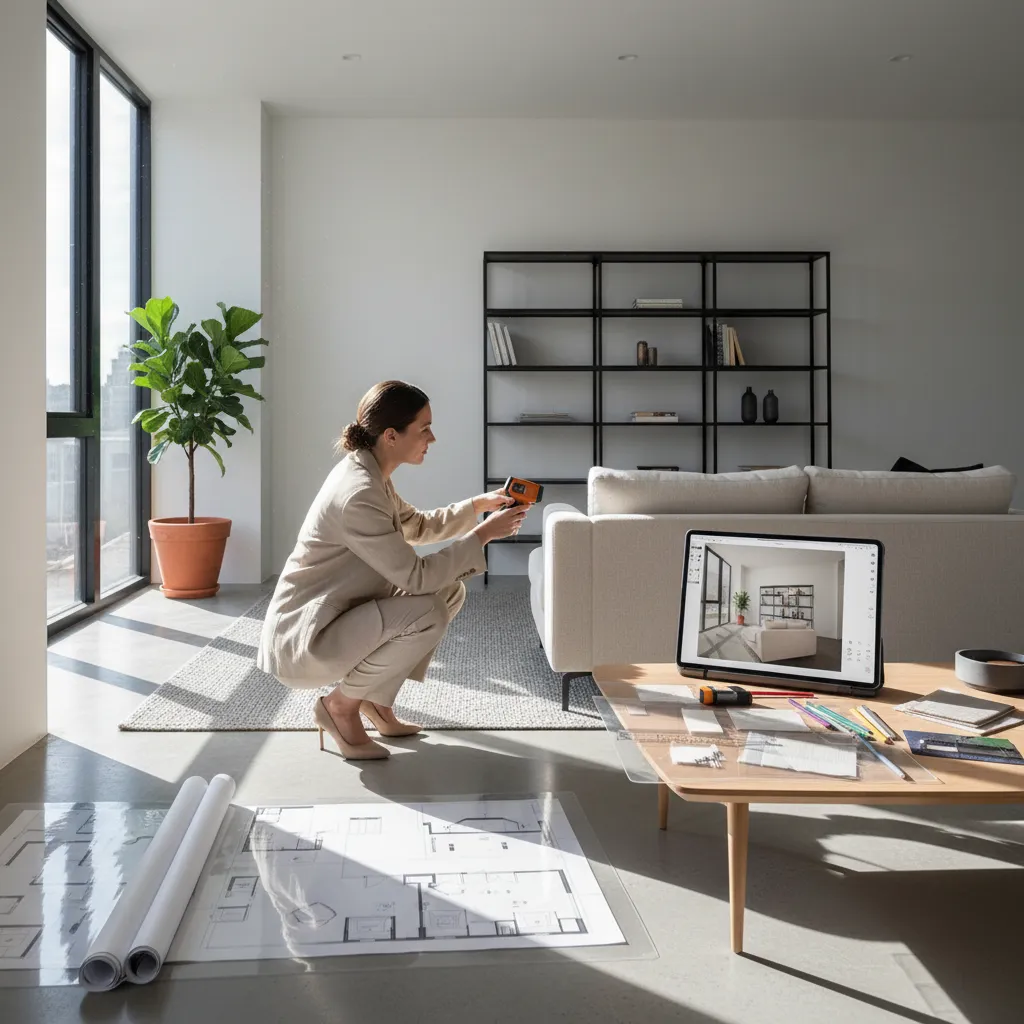 Decorador trabajando en el diseño de un salón moderno