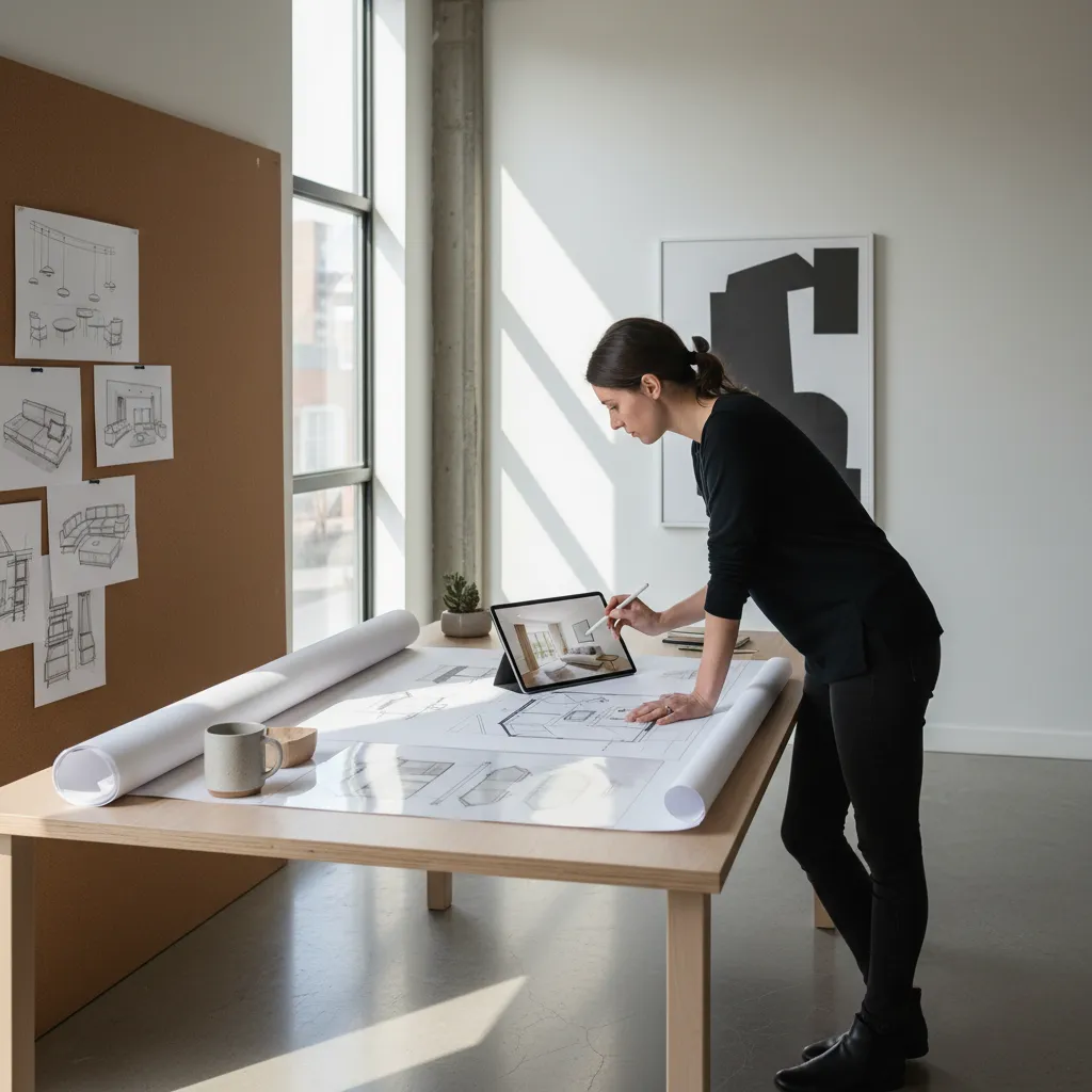 Decorador de interiores analizando la distribución de un salón en un plano y una tablet