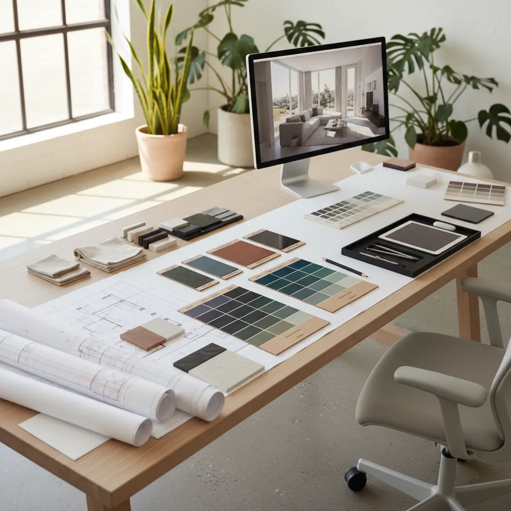 Diseñador de interiores revisando planos y muestras de materiales