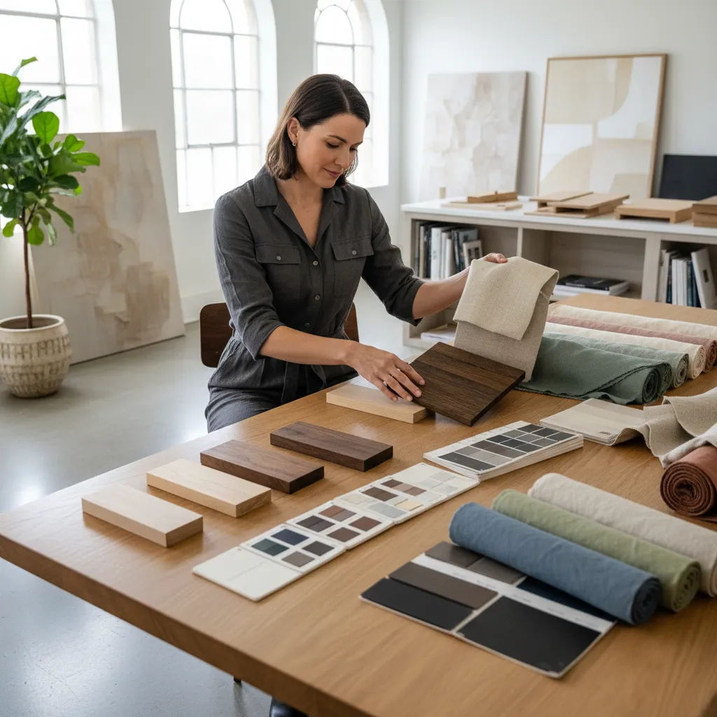 Decorador seleccionando telas y materiales para un proyecto de vivienda