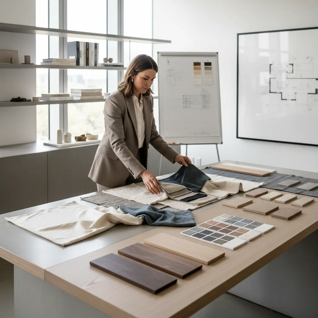 Diseñador seleccionando telas, madera y muestras de color para un proyecto de decoración