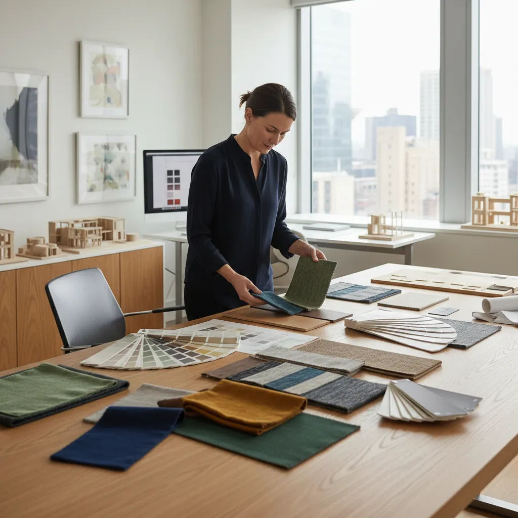 Decorador de interiores eligiendo telas, colores y materiales para un proyecto