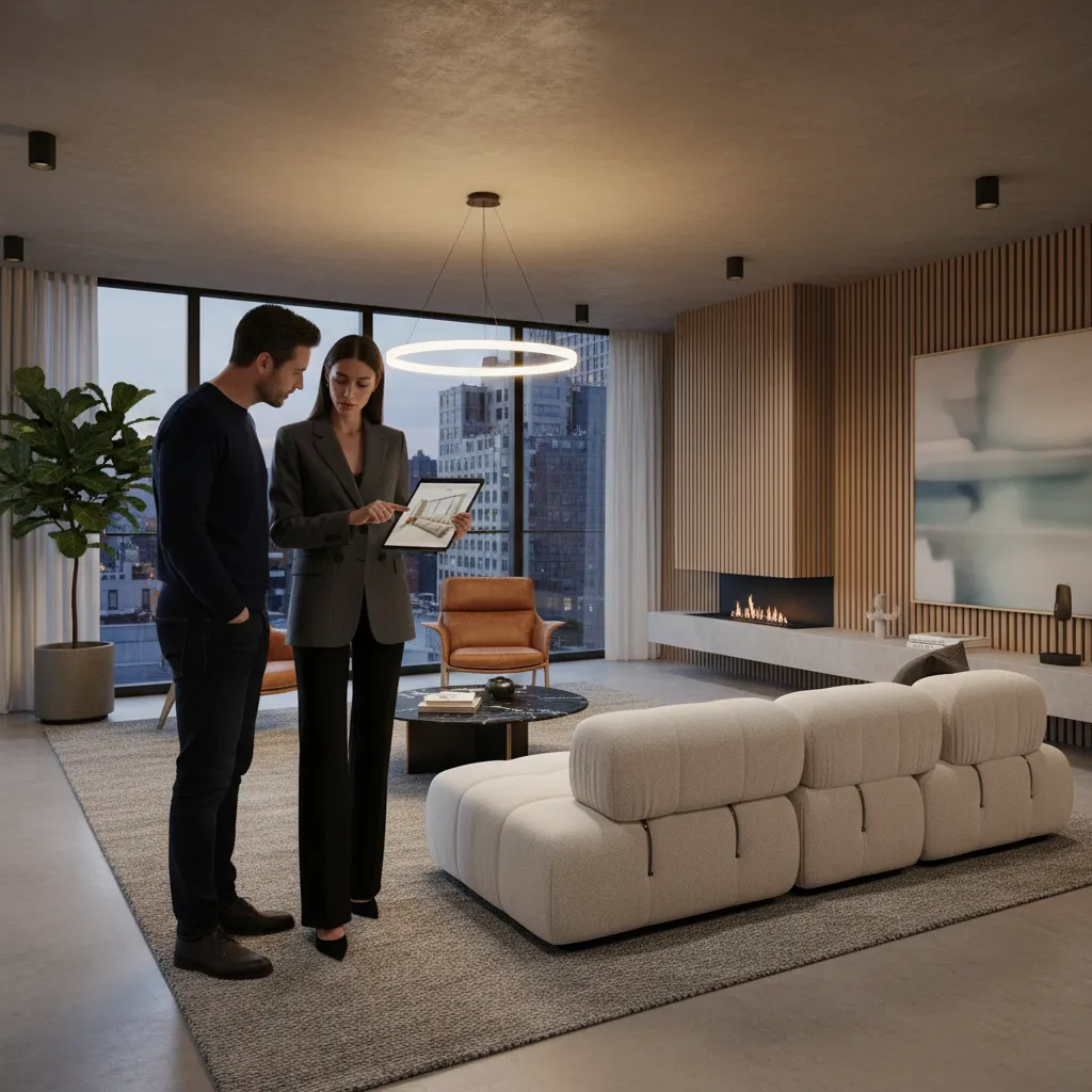 Two people looking at tablet in modern living room with sofa and a large ceiling light