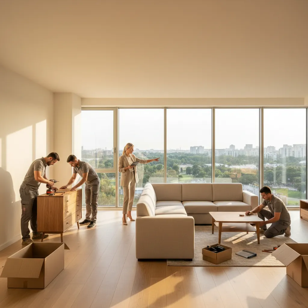 Decorador supervisando la instalación de muebles en una vivienda
