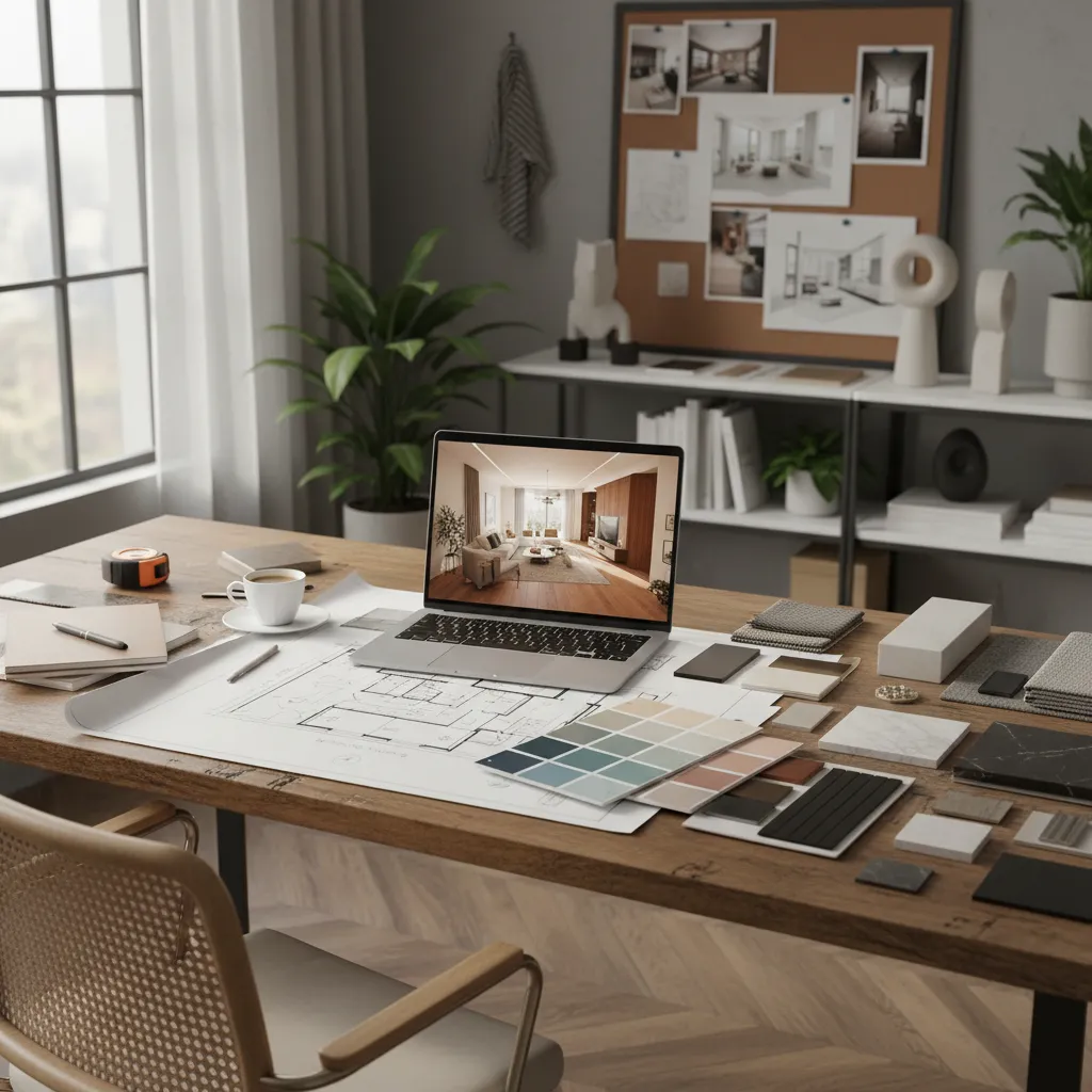 Diseñador de interiores trabajando en planos de una vivienda
