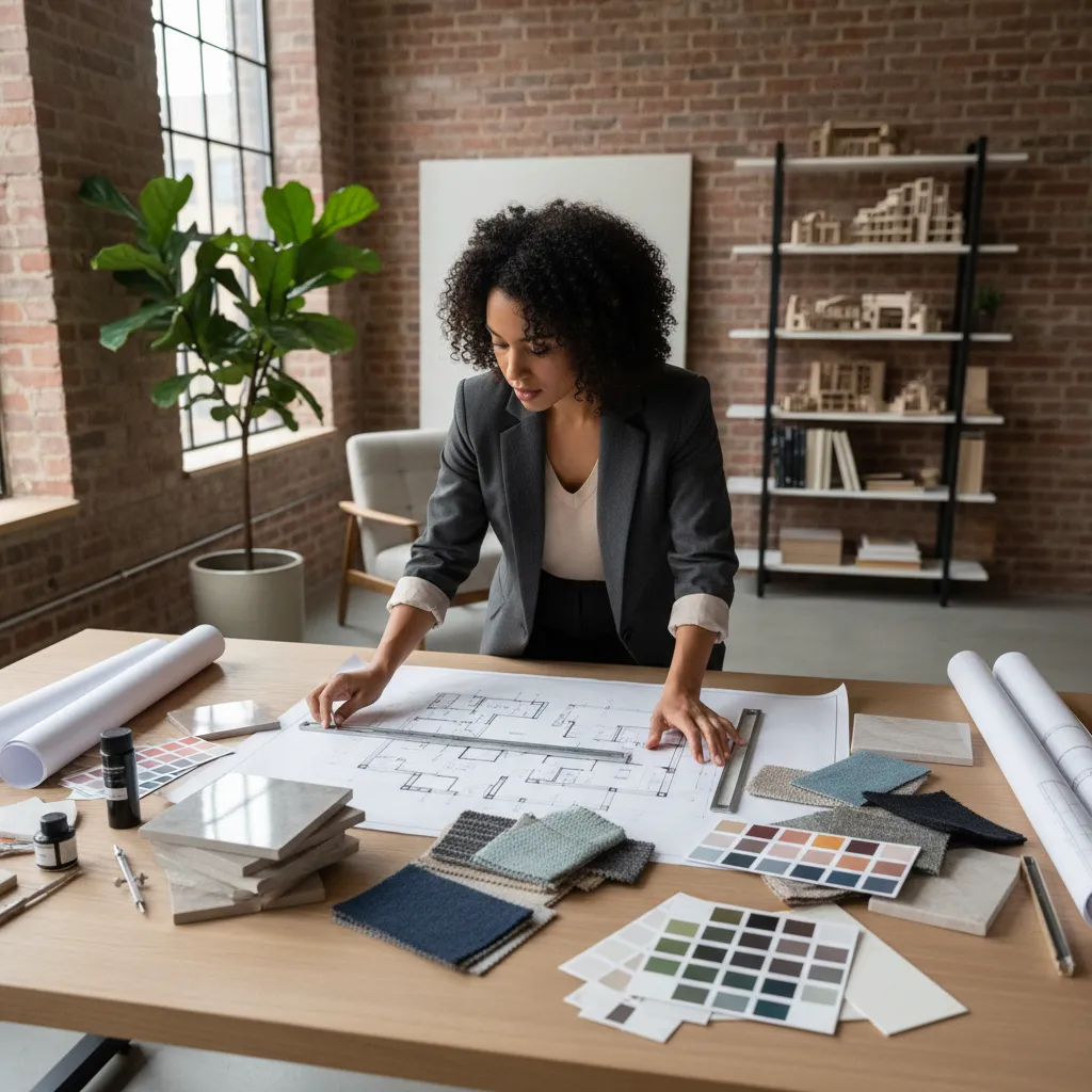 Decorador de interiores revisando planos de un apartamento moderno