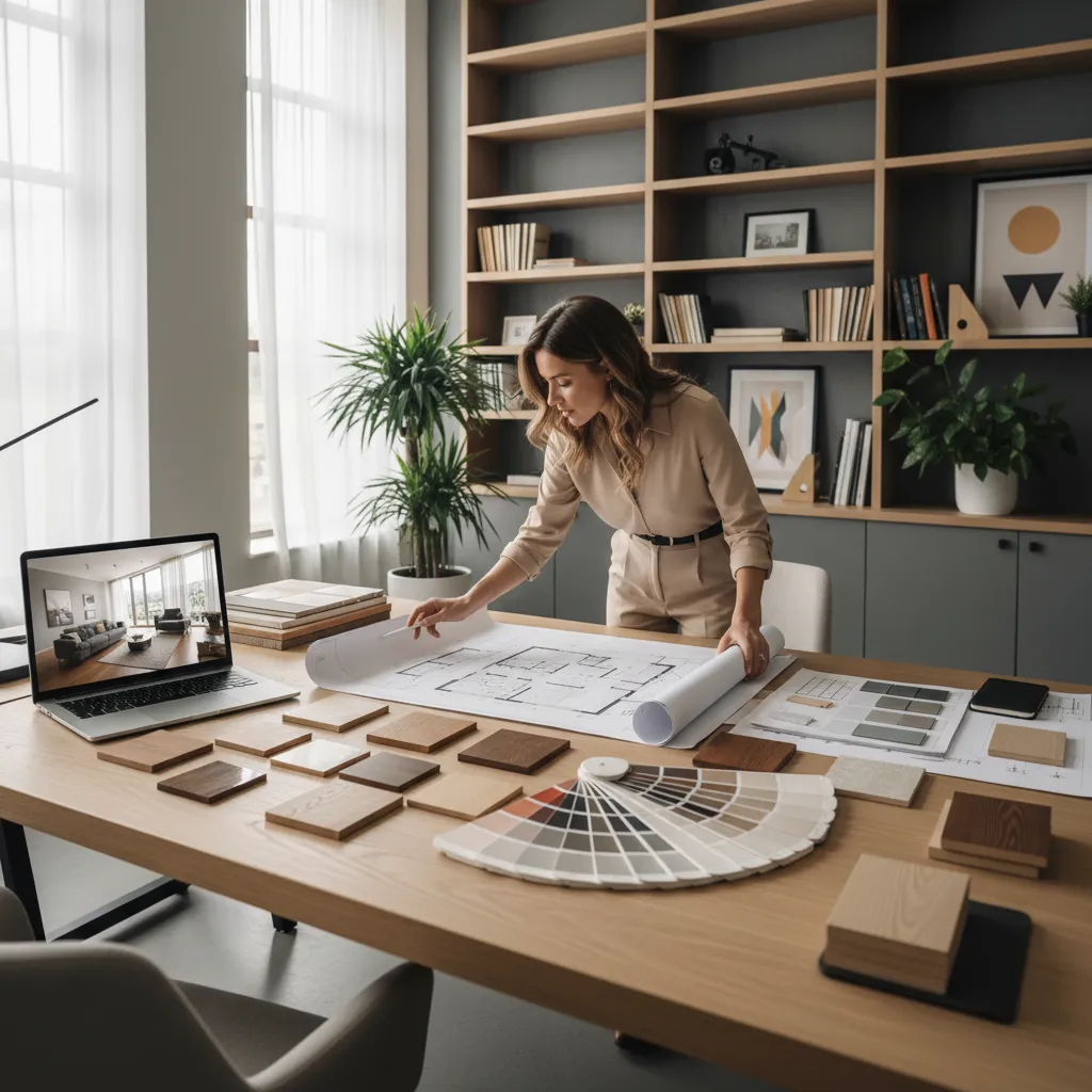 Decorador revisando planos y muestras de materiales en un estudio de diseño