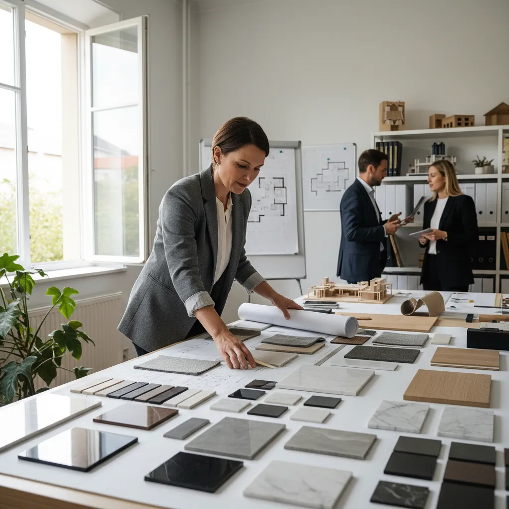 Decorador revisando planos y muestras en un proyecto residencial