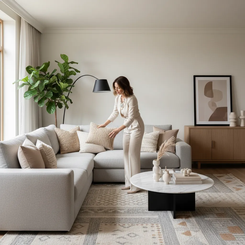 Decorador ajustando la disposición de muebles en un salón moderno
