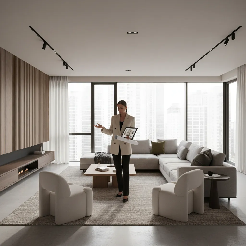 Designer holding laptop in modern living room with sofa chairs wall panel and large windows