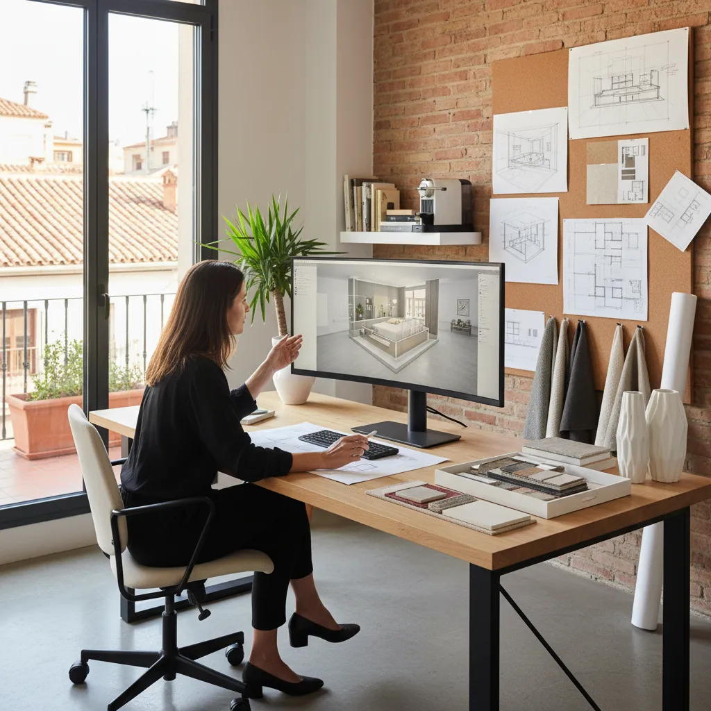 Interior designer sitting at wooden desk reviewing bedroom design on computer screen with wall drawings