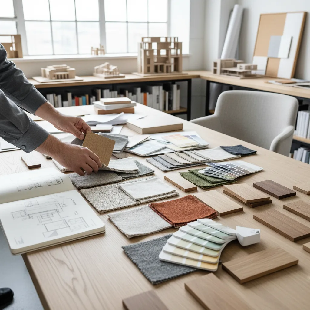 Hands choosing material samples and fabric swatches on a wooden desk with interior design drawings