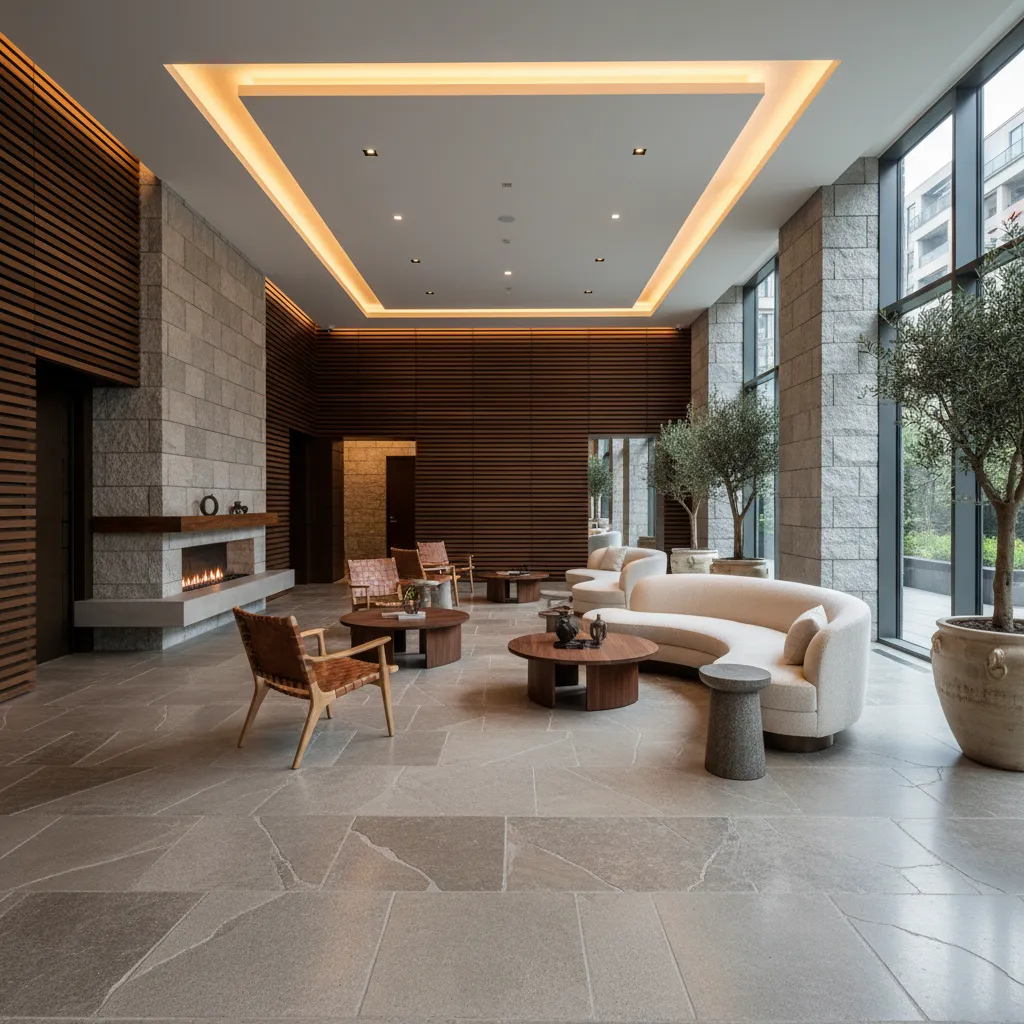 Spacious lounge area with stone walls wooden wall panels white curved sofa fireplace and trees