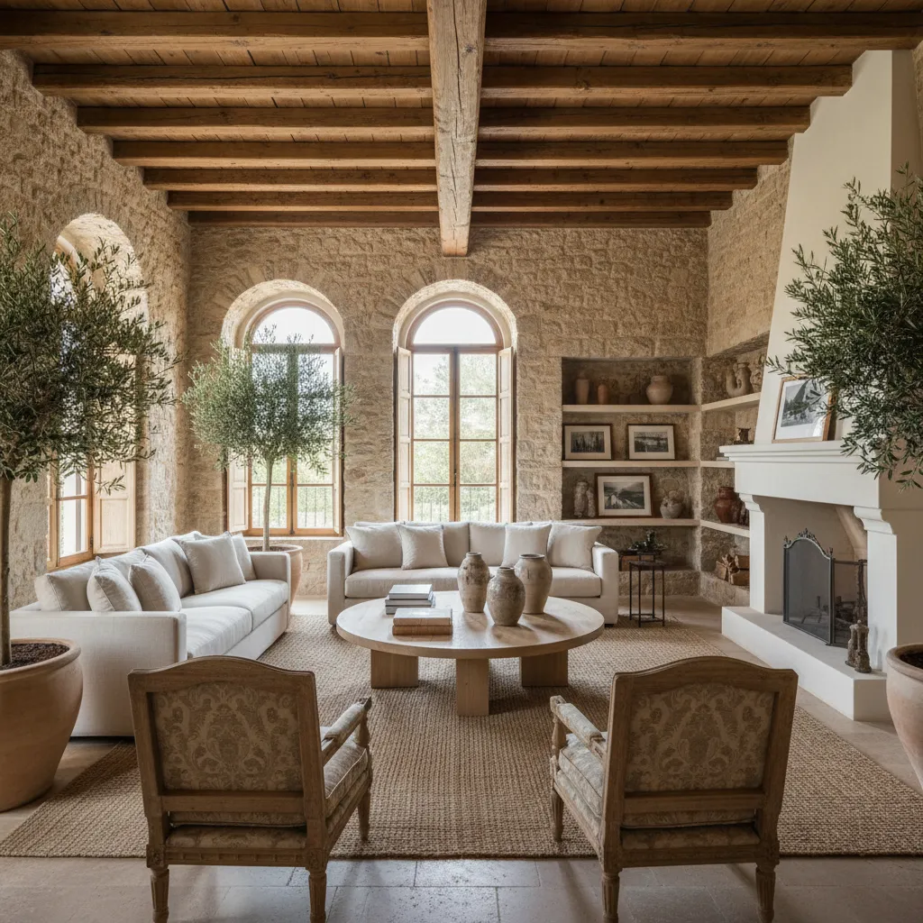 Spacious rustic living room with stone walls wooden beams fireplace two sofas and round wooden table