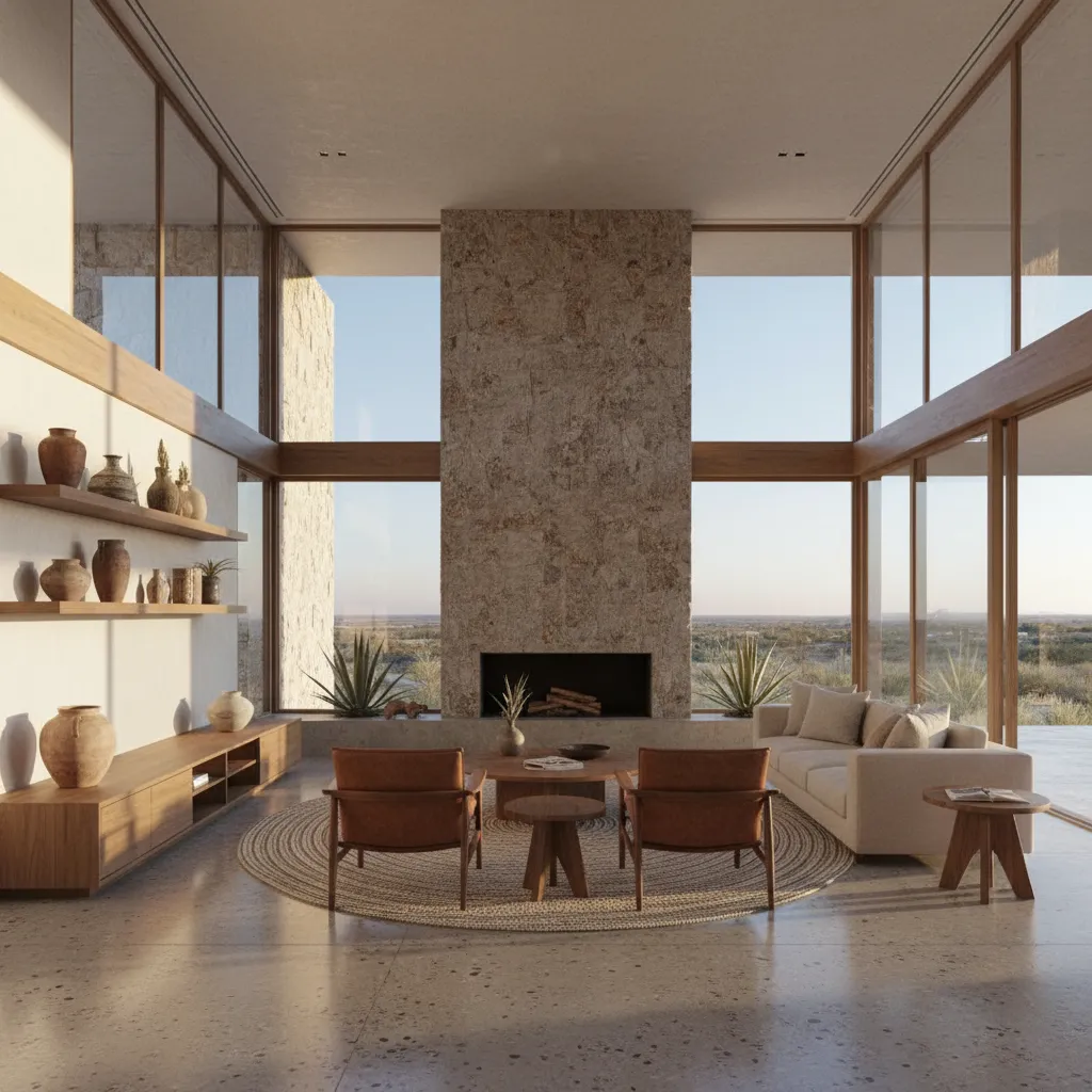 Spacious minimalist living room with stone fireplace, tall windows, white sofa, and brown leather chairs