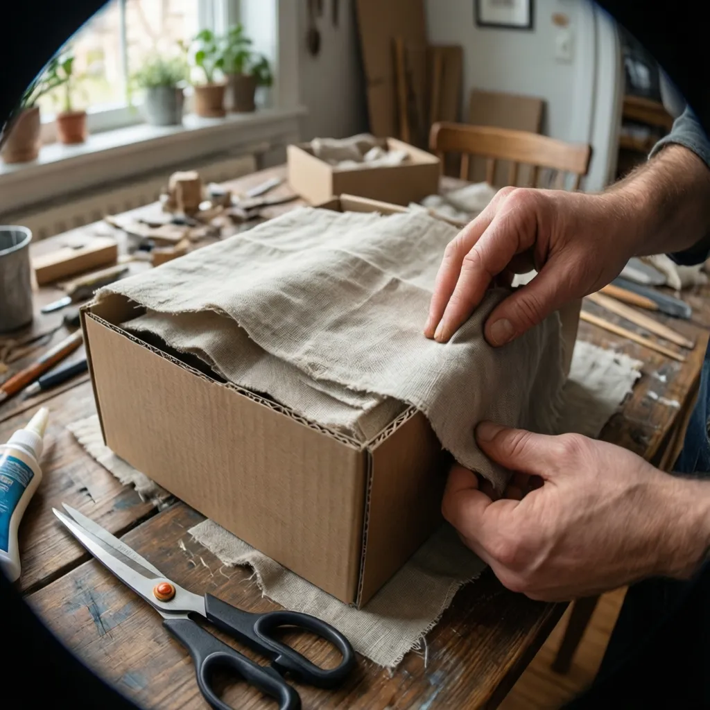 Proceso de decorar una caja de cartón con tela en una mesa de trabajo
