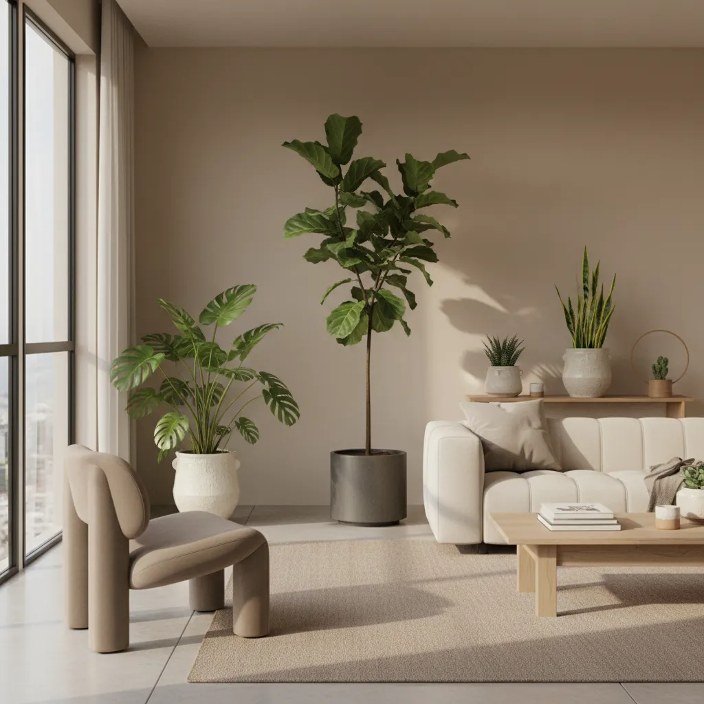 Minimalist living room with beige sofa and large green plants next to a big window