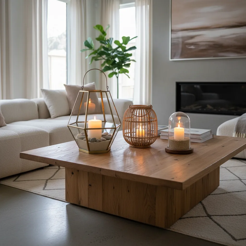 Three decorative lanterns with lit candles on wooden coffee table in a bright living room