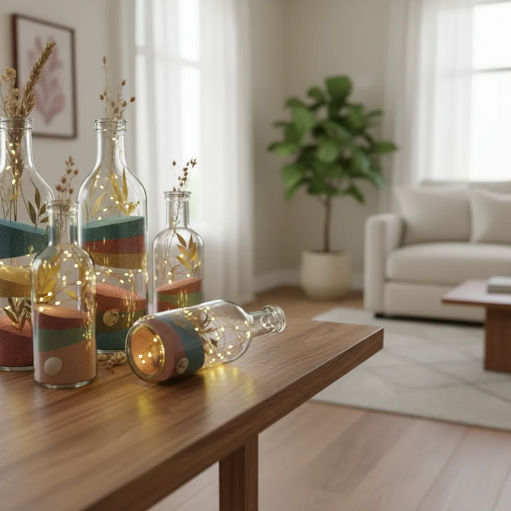 Glass bottles with colored sand and small lights on wooden table in bright living room