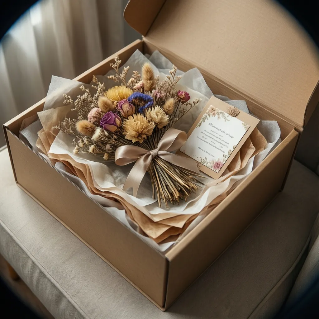 Brown cardboard gift box containing dried flower bunch with ribbon and greeting card on chair