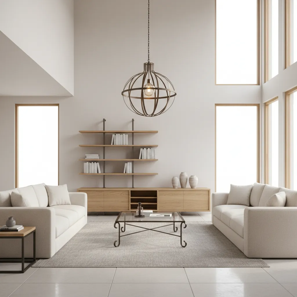 Minimalist living room featuring two white sofas glass coffee table globe ceiling light and shelving