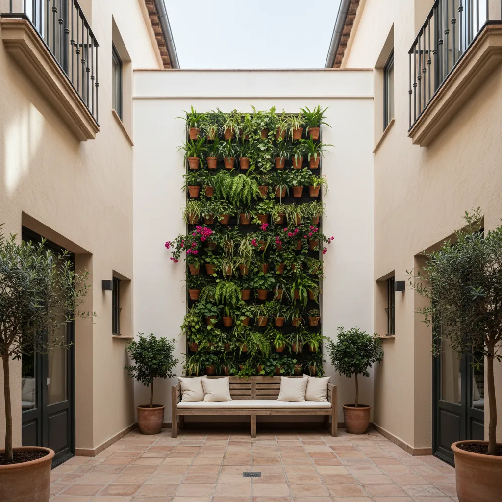 Modern inner courtyard with vertical garden wall behind wooden bench with white cushions and plants