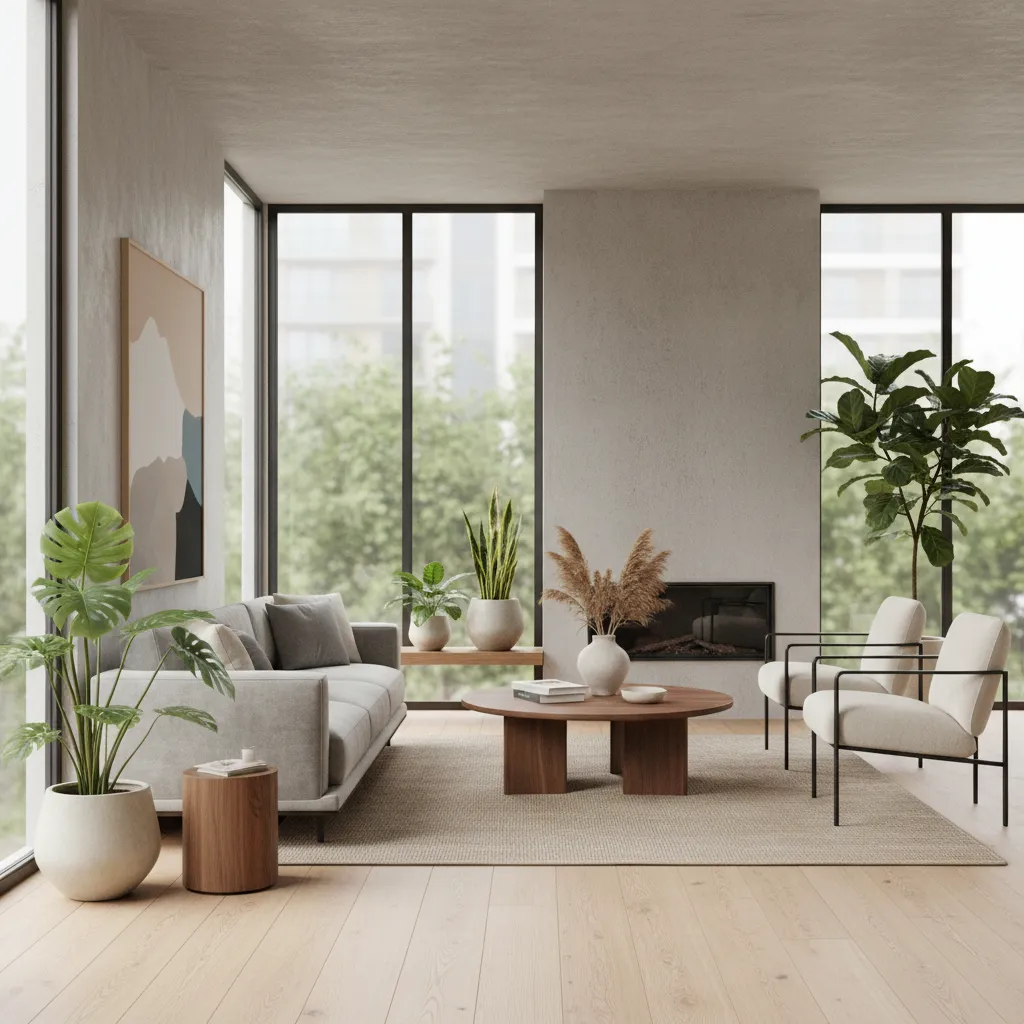 Modern living room with grey sofa wooden coffee table fireplace many plants and large windows