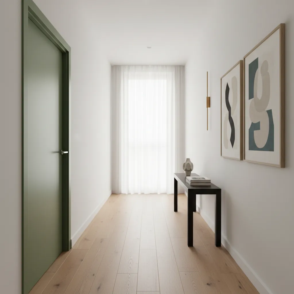 Minimalist white hallway with green door wooden floor console table art frames and white curtains