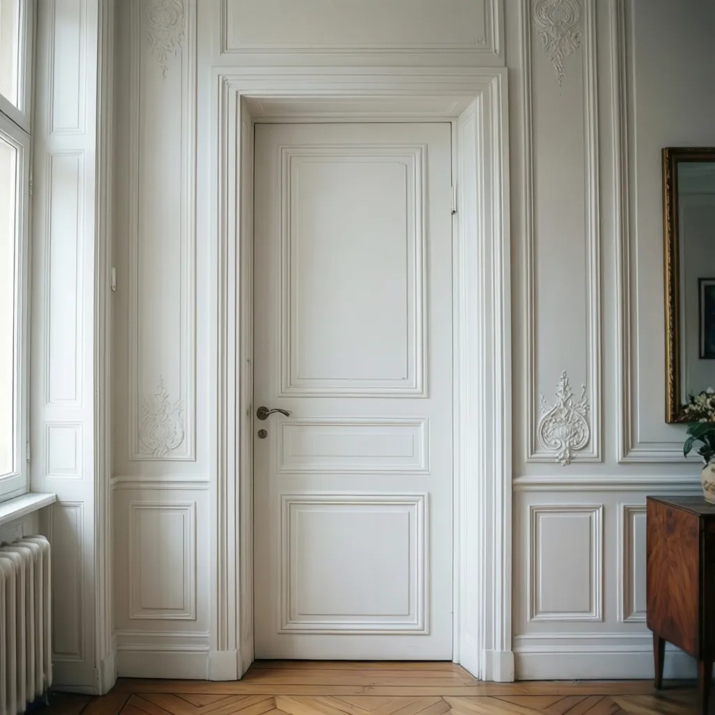 Puerta interior blanca con molduras decorativas en un pasillo elegante