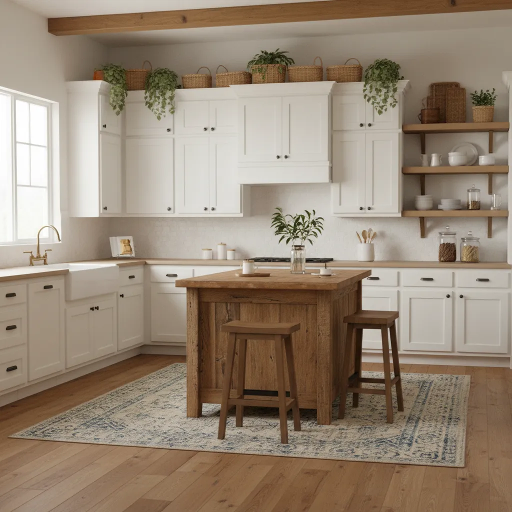 Decorative baskets and plants placed above kitchen cabinets