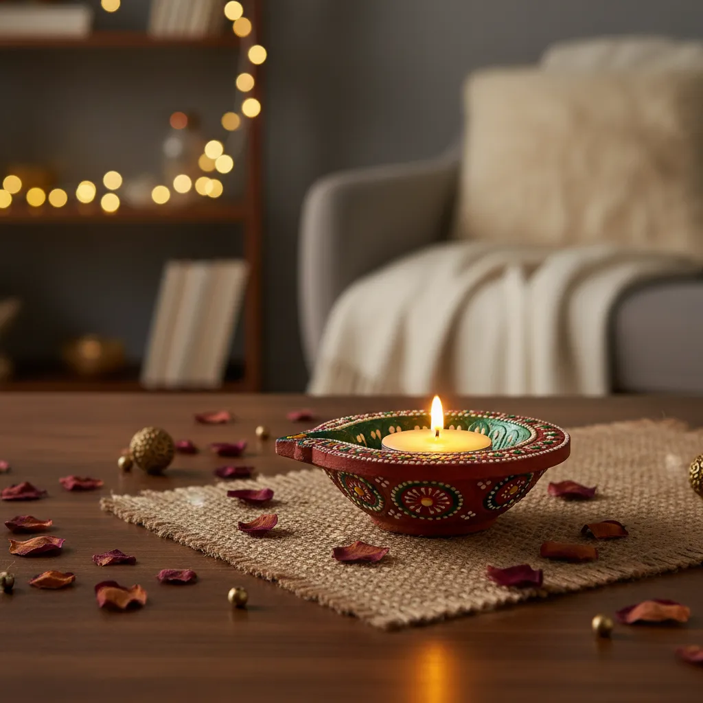 Decorated diya glowing with a small LED tea light