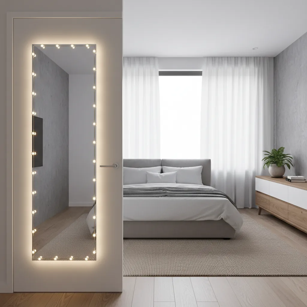 Decorated mirror with LED lights secured by clear clips and adhesive