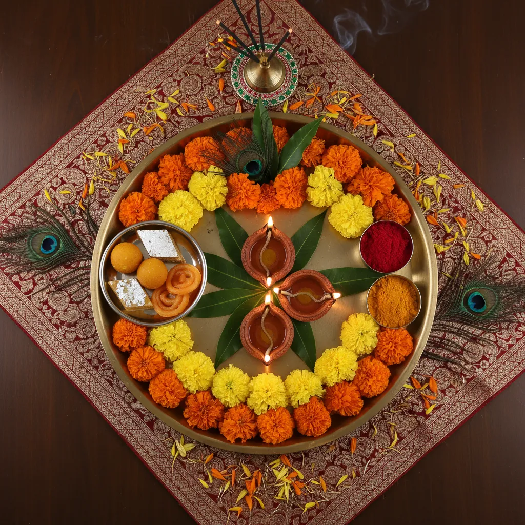 diwali pooja thali decorated with marigold flowers and diya