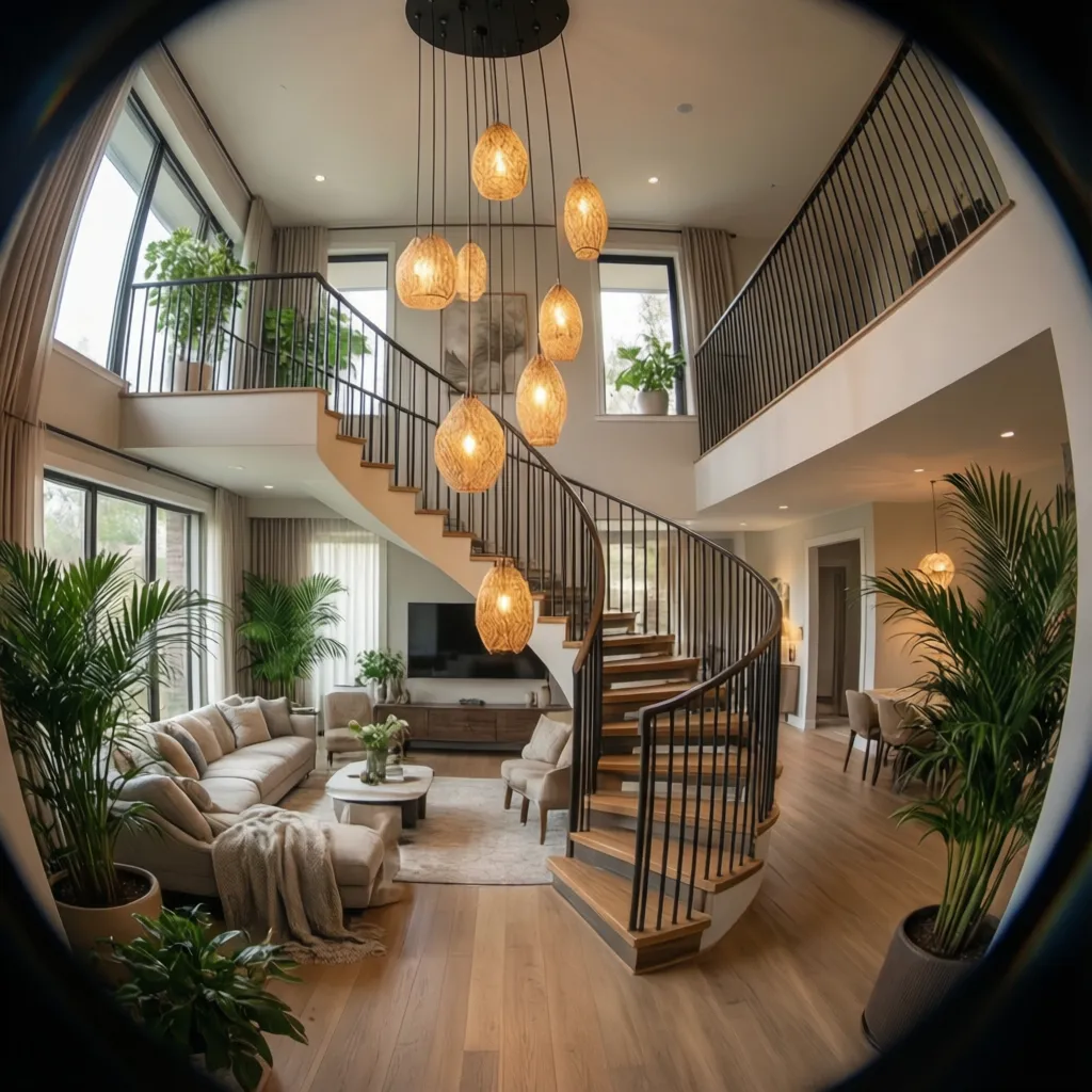Large living room with wooden curved stairs plants grey sofa and hanging ceiling light fixtures