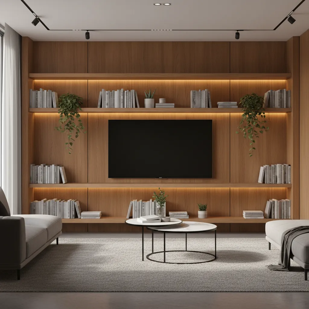 stylish TV feature wall with built in shelves and wall mounted television