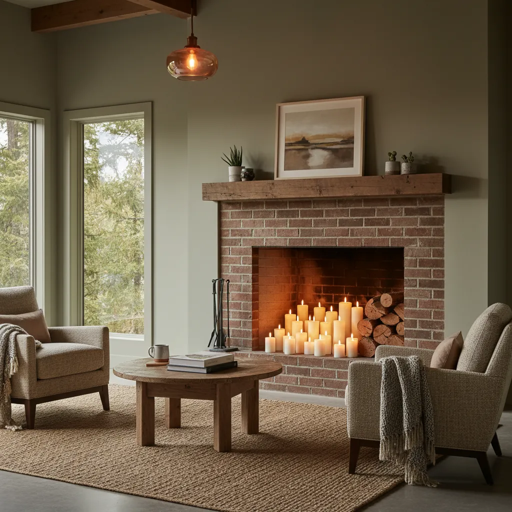decorative candle arrangement inside unused fireplace