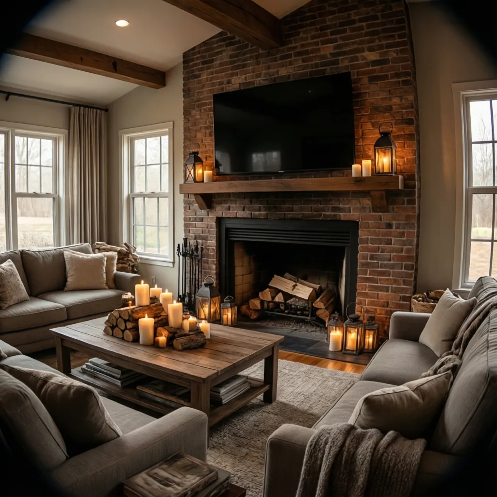 unused fireplace decorated with candles and wood logs in cozy living room