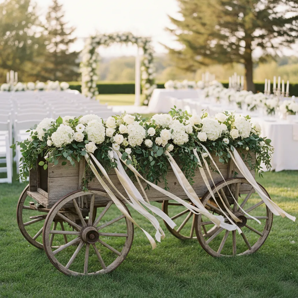 rustic wedding wagon decorated with flowers and ribbons prepared for ring bearer