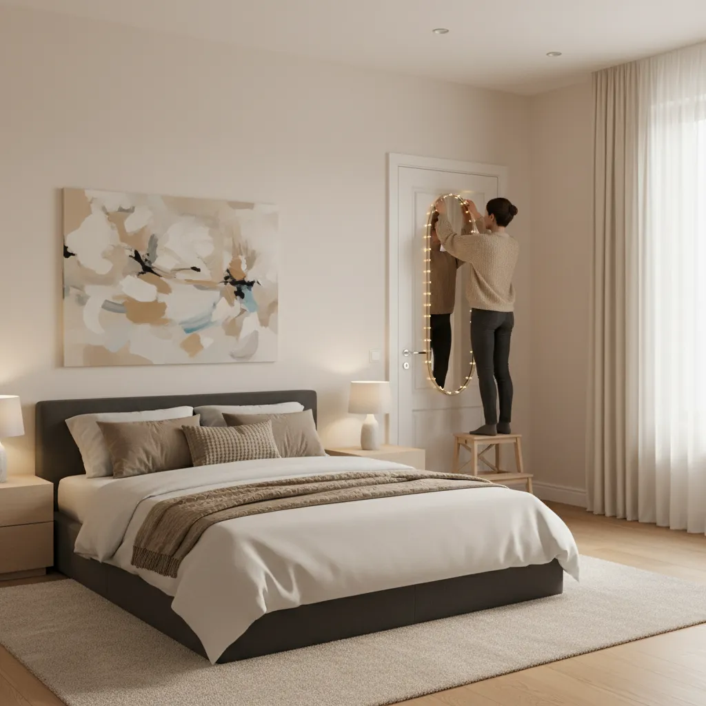 Person decorating an over the door mirror with small decorations in a bedroom