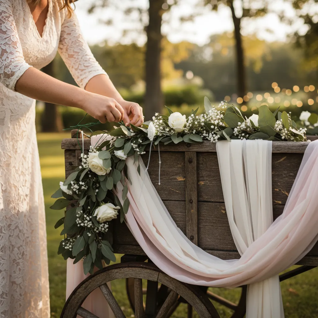 hands attaching greenery and fabric to a wooden wedding wagon