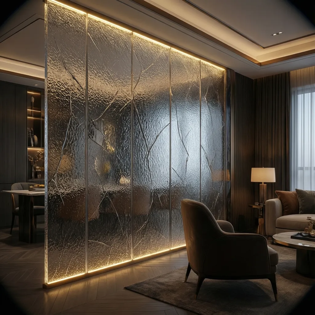 Backlit decorative acrylic partition with textured panel design