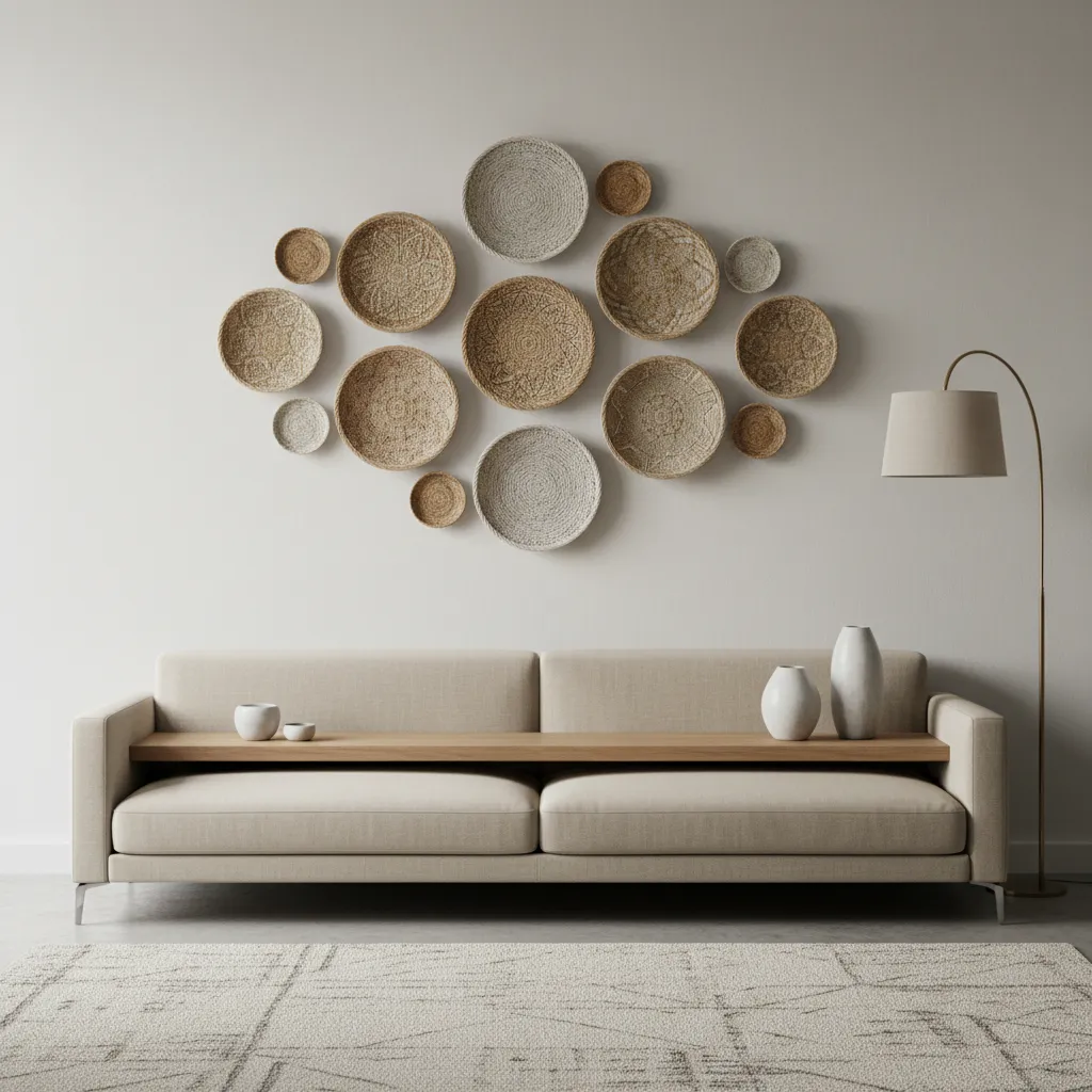 Different decorative basket sizes arranged above a sofa for wall decor planning