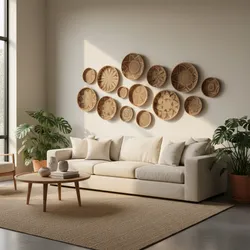 Modern living room featuring beige sofa coffee table indoor plants and decorative woven basket wall