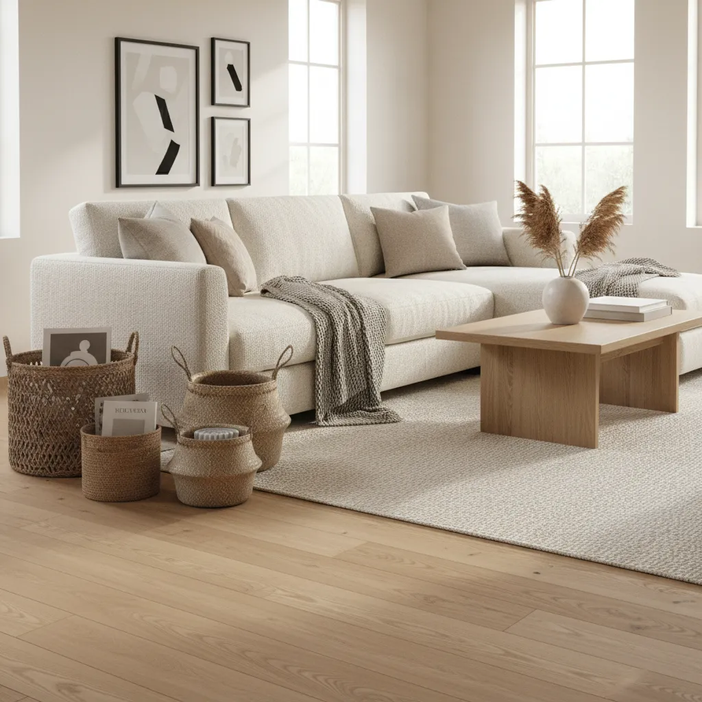 Decorative woven baskets used for magazine and blanket storage in a living room