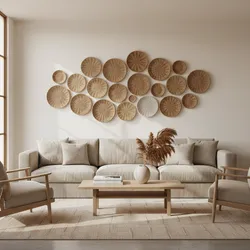 Living room with beige sofa wooden coffee table and many round woven baskets on wall